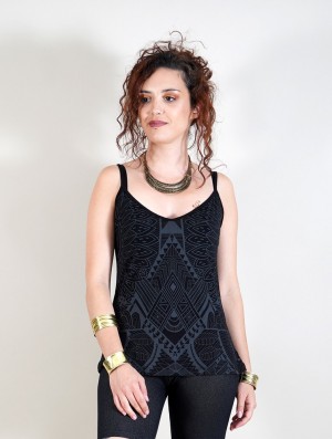 Toonzshop Ciryandil Africa Printed Shoulder Strap Top Naisten Topit Mustat | 4189RTADV