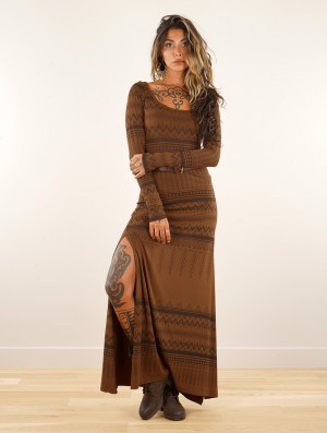 Toonzshop Inanna Aztec Pinted Long Sleeve Long Dress Dress Naisten Mekko Goldenbrown | 3082FGZBV