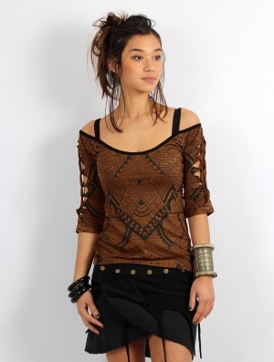 Toonzshop Sedna Africa Cut Out Braided Back And 3/4 Sleeve Printed Top Naisten Rintaliivit Ruskea | 0652GXFZK