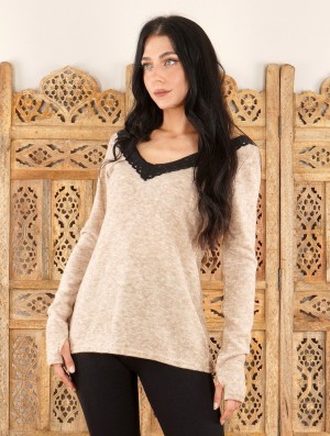 Toonzshop Ysälys Reversible Crochet-neck Sweater Naisten Villapaita Beige | 9254DNXQV