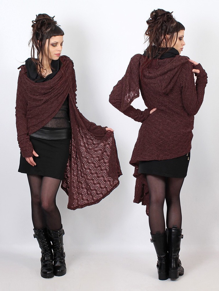 Toonzshop Danaeriz Long Sleeve Hooded Crochet Shawl Cardigan Naisten Neuletakki Wine | 1605WHKPY