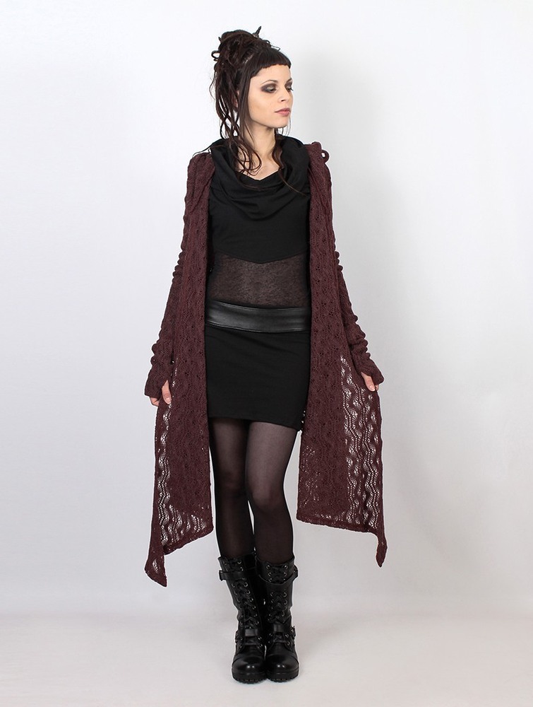 Toonzshop Danaeriz Long Sleeve Hooded Crochet Shawl Cardigan Naisten Neuletakki Wine | 1605WHKPY