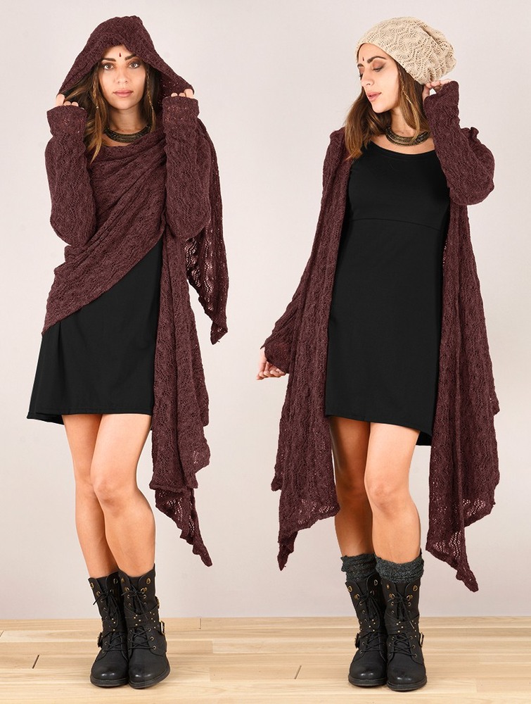 Toonzshop Danaeriz Long Sleeve Hooded Crochet Shawl Cardigan Naisten Neuletakki Wine | 1605WHKPY