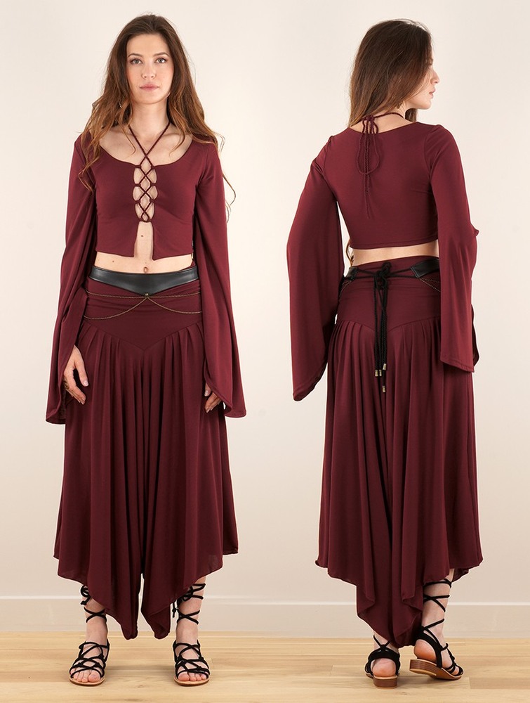 Toonzshop Elfique Flared Long Sleeve Crop Top With Front Lacing Naisten Topit Wine | 8107ZWGLF