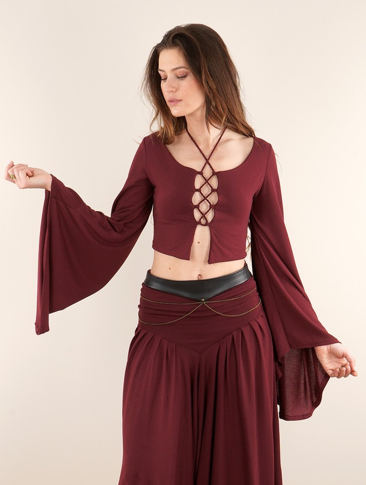 Toonzshop Elfique Flared Long Sleeve Crop Top With Front Lacing Naisten Topit Wine | 8107ZWGLF