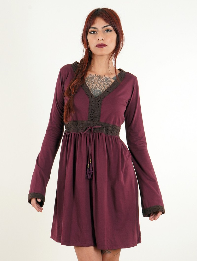 Toonzshop Firiel Long Sleeve Dress With Crochet Detail Naisten Mekko Wine | 3540AZDSC