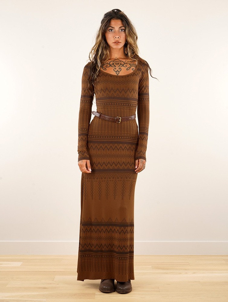 Toonzshop Inanna Aztec Pinted Long Sleeve Long Dress Dress Naisten Mekko Goldenbrown | 3082FGZBV