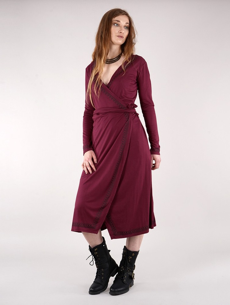 Toonzshop Irwaen Indie 2in1 Cardigan/Long Sleeve Midi Dress Naisten Mekko Wine | 9207LZFTG