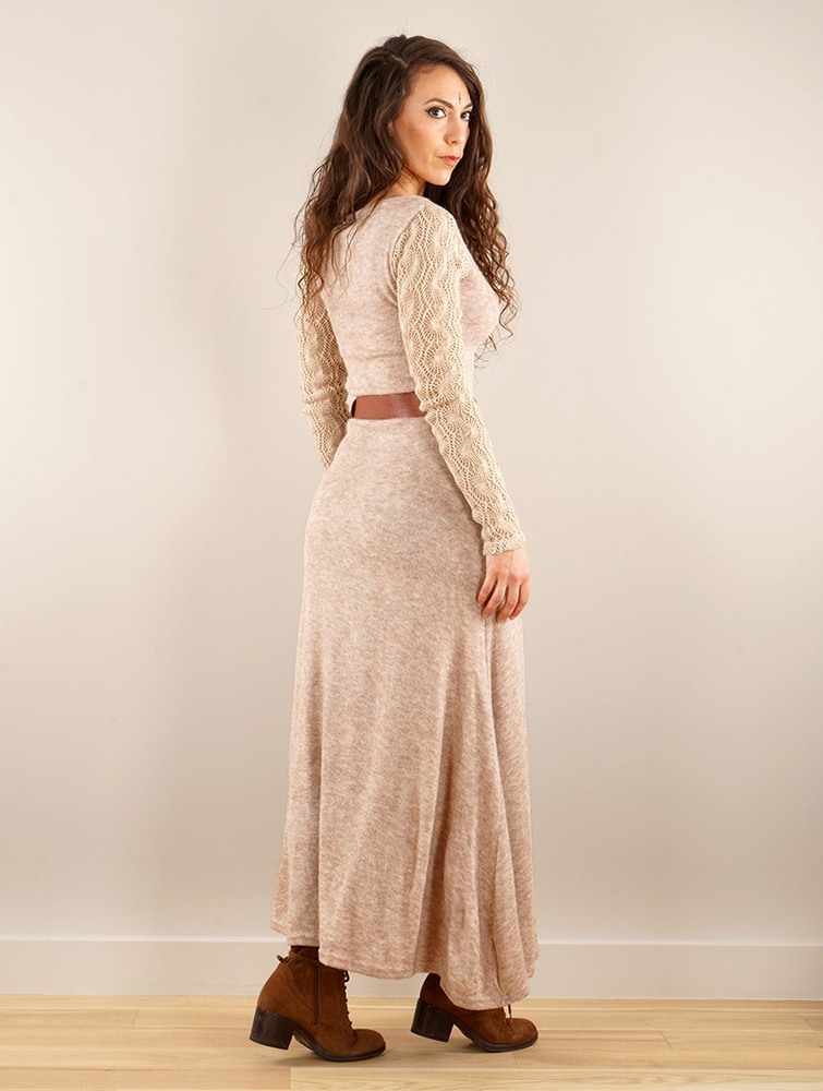 Toonzshop Melisandre Crochet Long Sleeve Long Sweater Dress Naisten Mekko Beige | 4652PCEDX