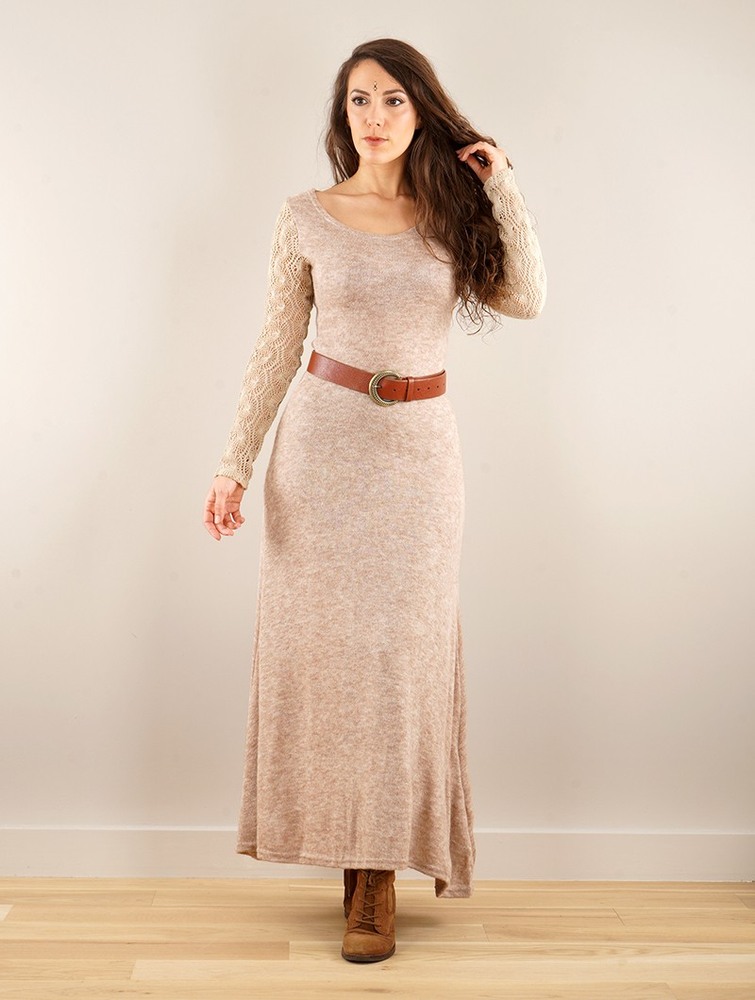 Toonzshop Melisandre Crochet Long Sleeve Long Sweater Dress Naisten Mekko Beige | 4652PCEDX