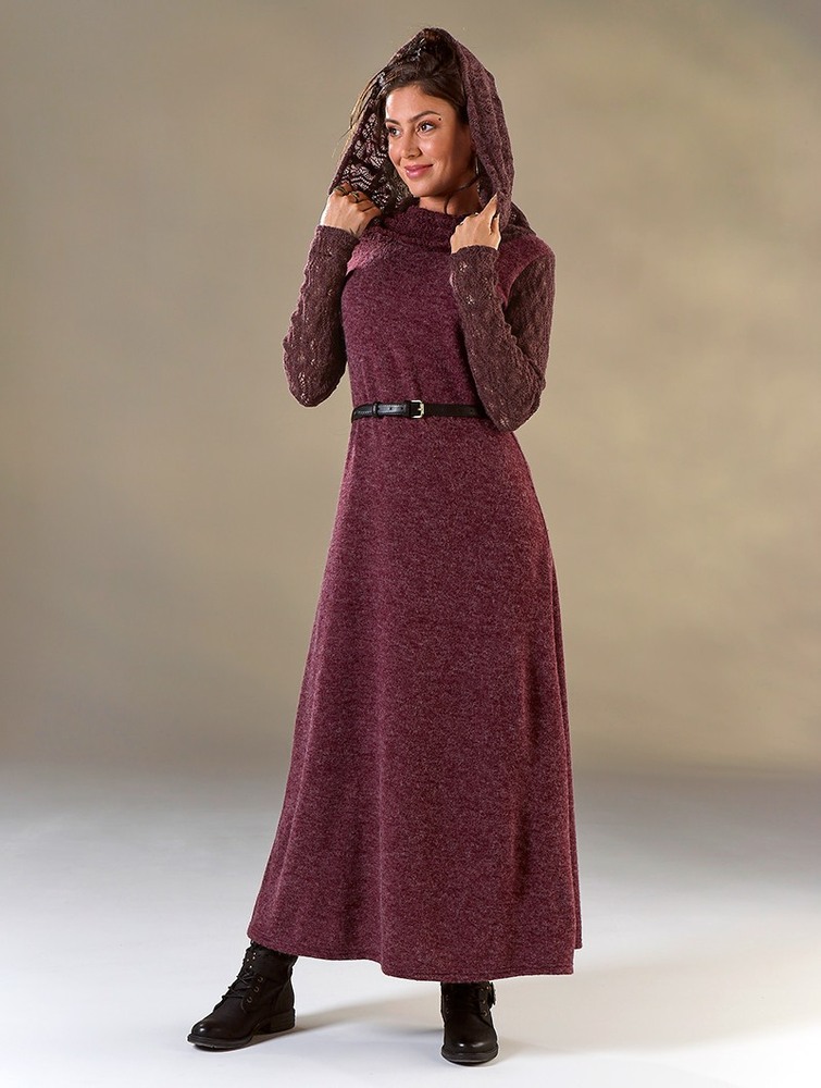 Toonzshop Nouchka Crochet Sleeves And Big Collar Long Sweater Dress Naisten Mekko Wine | 3810DWGKX