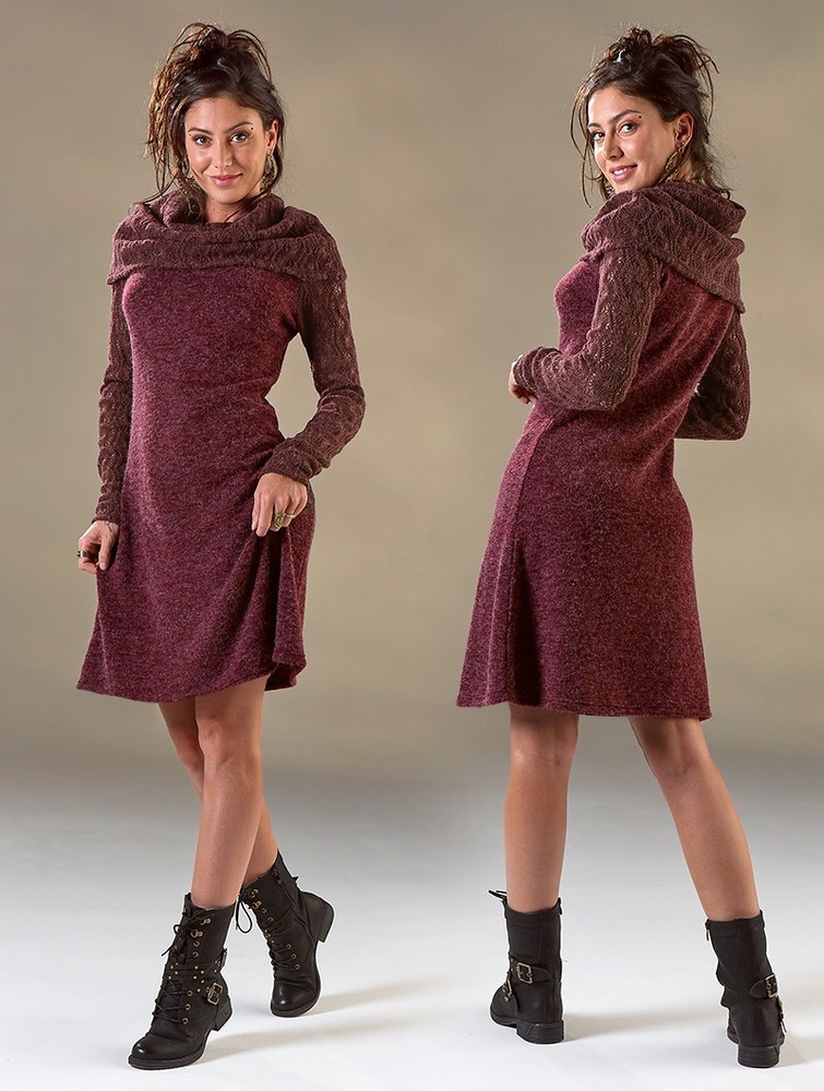 Toonzshop Nouchka Crochet Sleeves And Big Collar Skater Sweater Dress Naisten Mekko Wine | 3041HFPGE