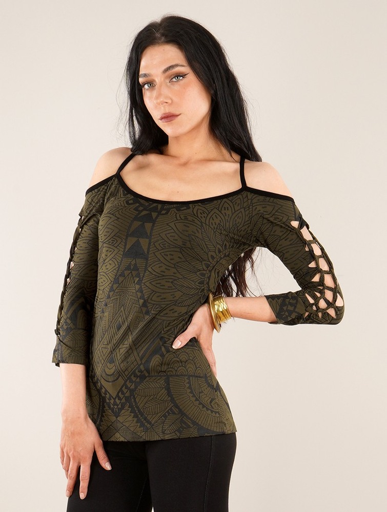 Toonzshop Sedna Africa Cut Out Braided Back And 3/4 Sleeve Printed Top Naisten Rintaliivit Vihreä | 5892ABZEY