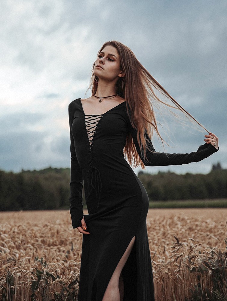 Toonzshop Valkyrie Lace-up Split Long Dress Naisten Mekko Mustat | 9573TUDQW