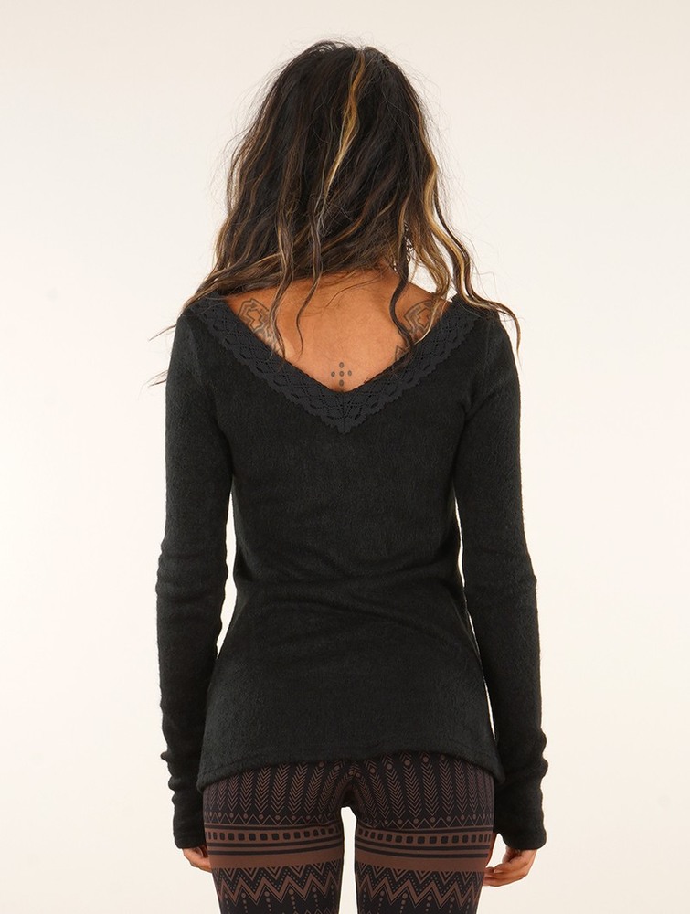 Toonzshop Ysälys Reversible Crochet-neck Sweater Naisten Villapaita Mustat | 0821TWHAG