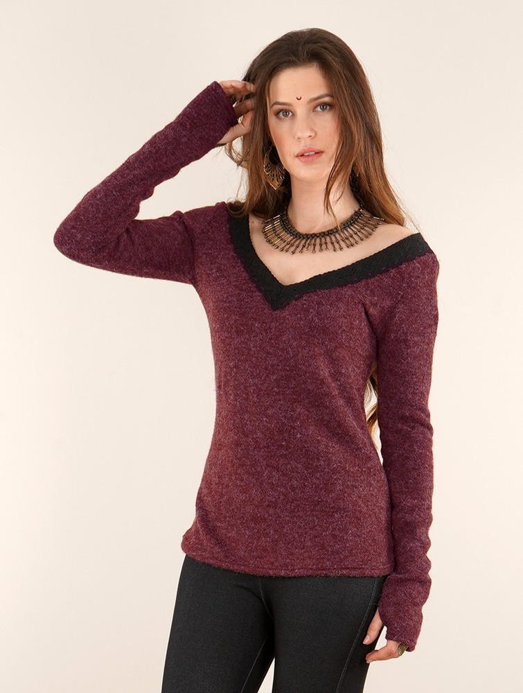 Toonzshop Ysälys Reversible Crochet-neck Sweater Naisten Villapaita Wine | 0623ZKLMH